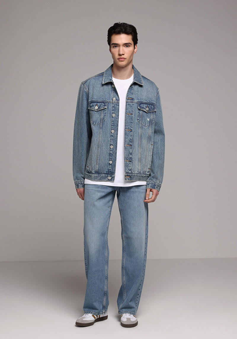Relaxed Fit   Erkek Mid İndigo Denim Jean Pantolon