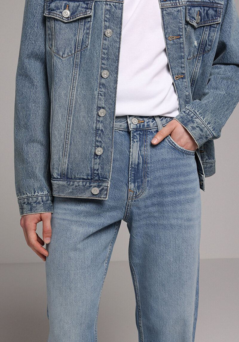 Relaxed Fit   Erkek Mid İndigo Denim Jean Pantolon