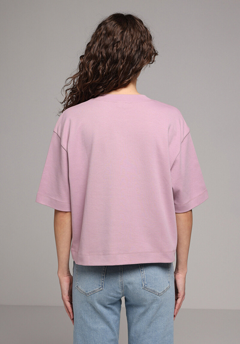 Oversize Fit Yuvarlak Yaka Düz Kadın Mor Kısa Kol Tişört