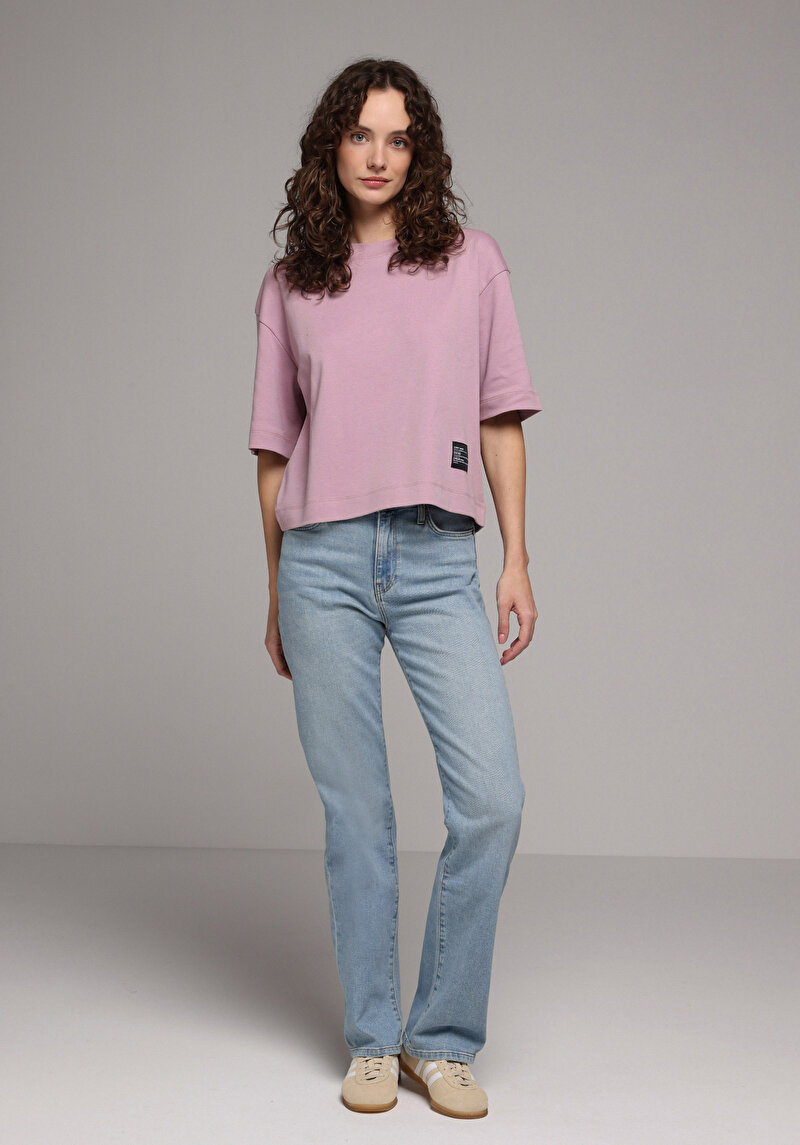 Oversize Fit Yuvarlak Yaka Düz Kadın Mor Kısa Kol Tişört