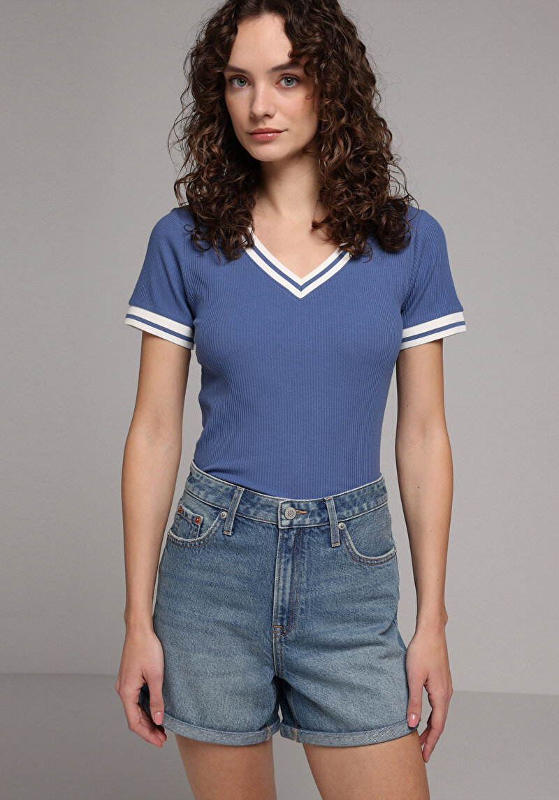 Slim Fit V Yaka Düz Kadın Mavi Kısa Kol Tişört