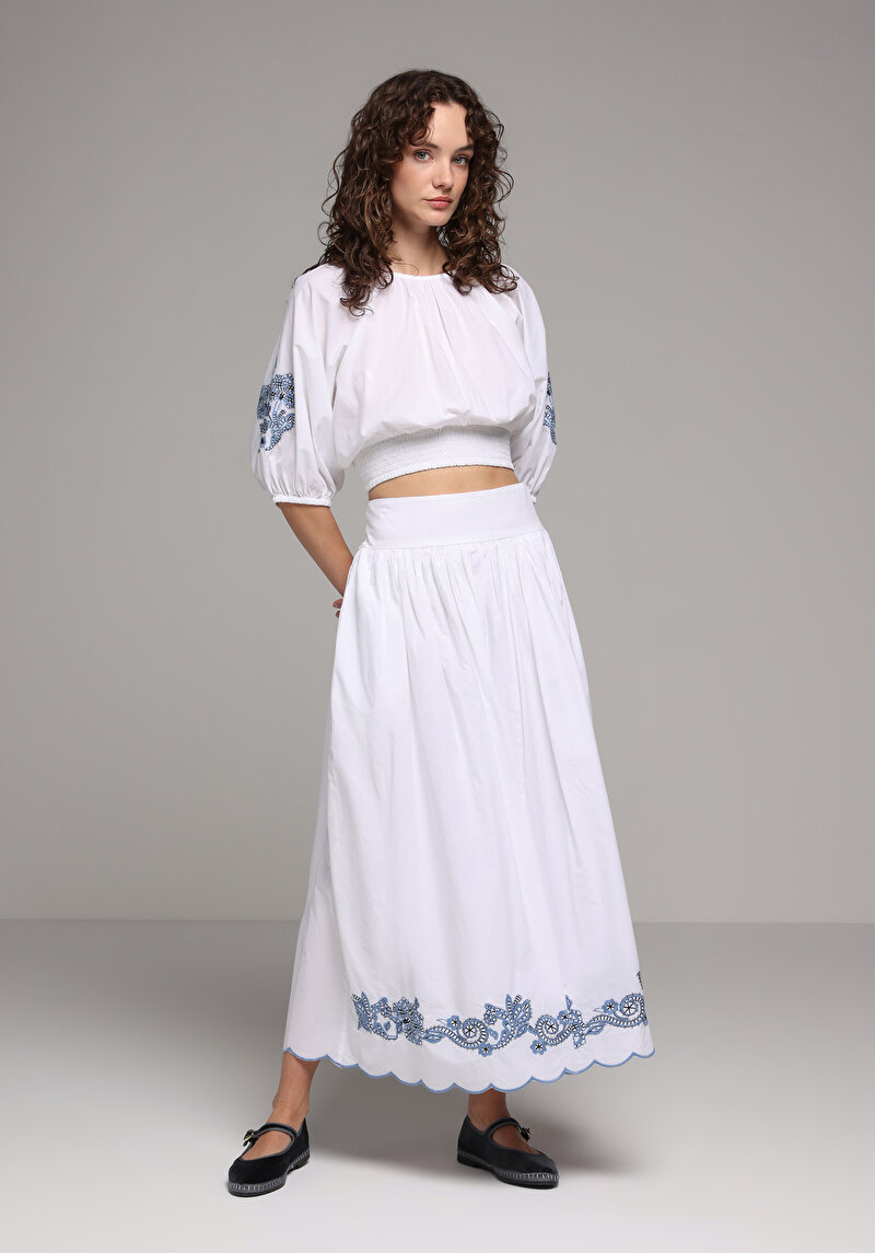 Maxi Length Jakarlı  Kadın Beyaz Etek