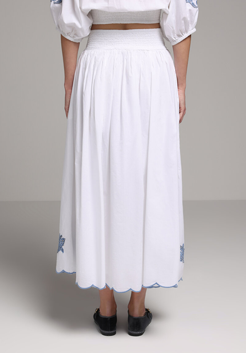 Maxi Length Jakarlı  Kadın Beyaz Etek