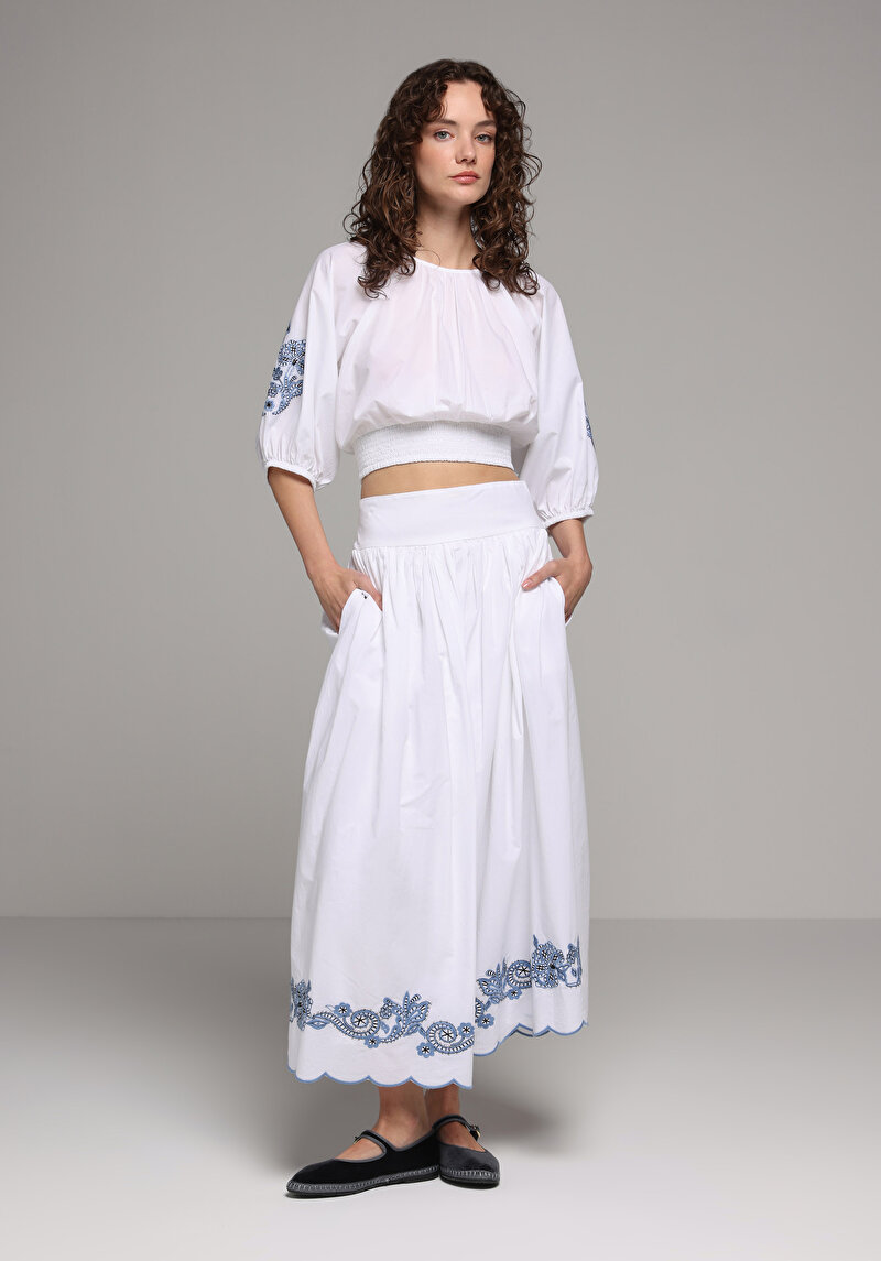 Maxi Length Jakarlı  Kadın Beyaz Etek