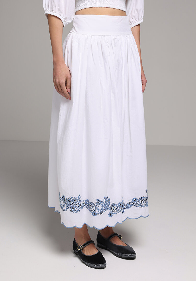 Maxi Length Jakarlı  Kadın Beyaz Etek