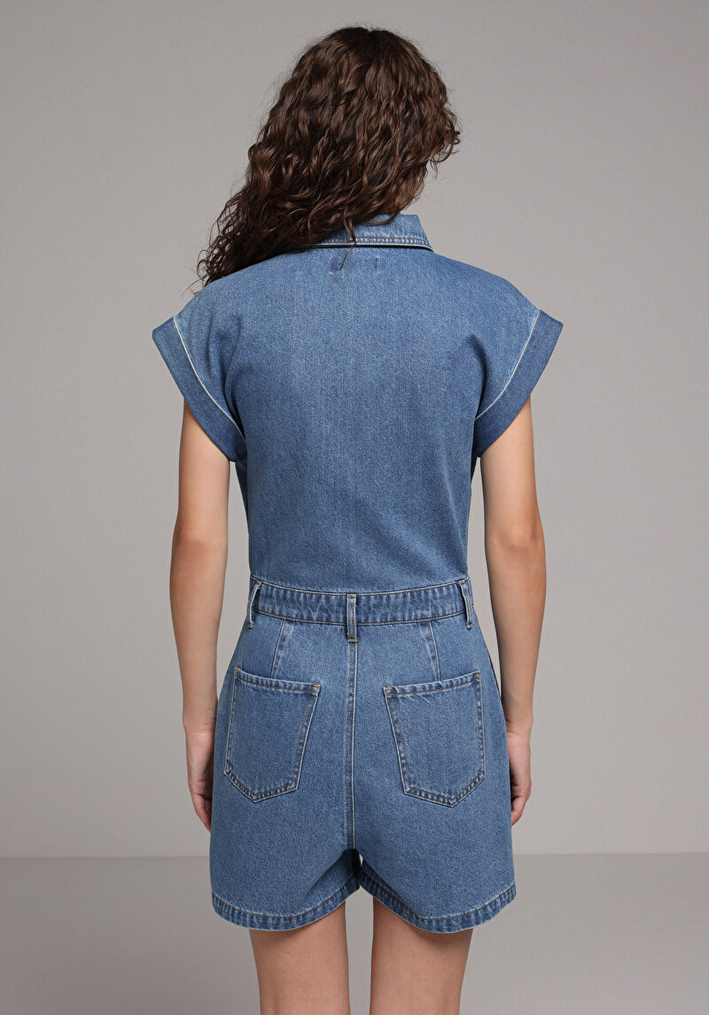 Regular Fit  Düz Kadın Mid İndigo Denim Jean Şort