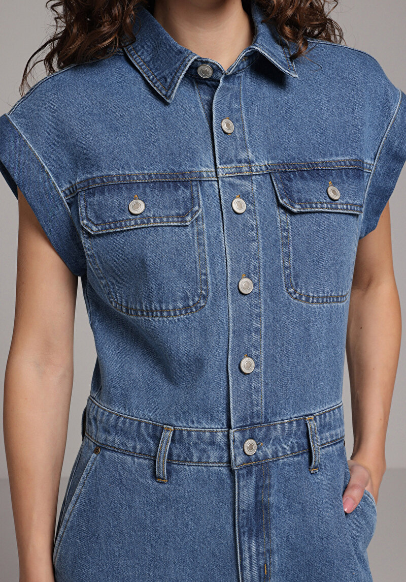 Regular Fit  Düz Kadın Mid İndigo Denim Jean Şort