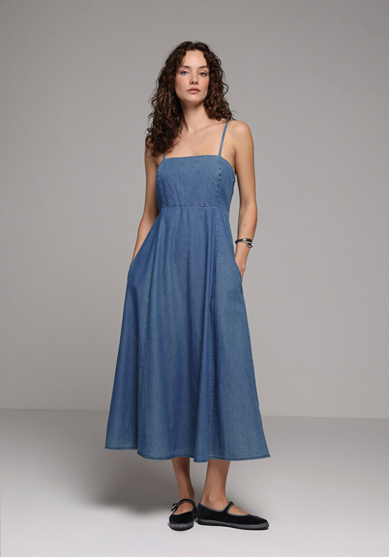 Regular Fit Düz Kadın Mavi Askılı Elbise