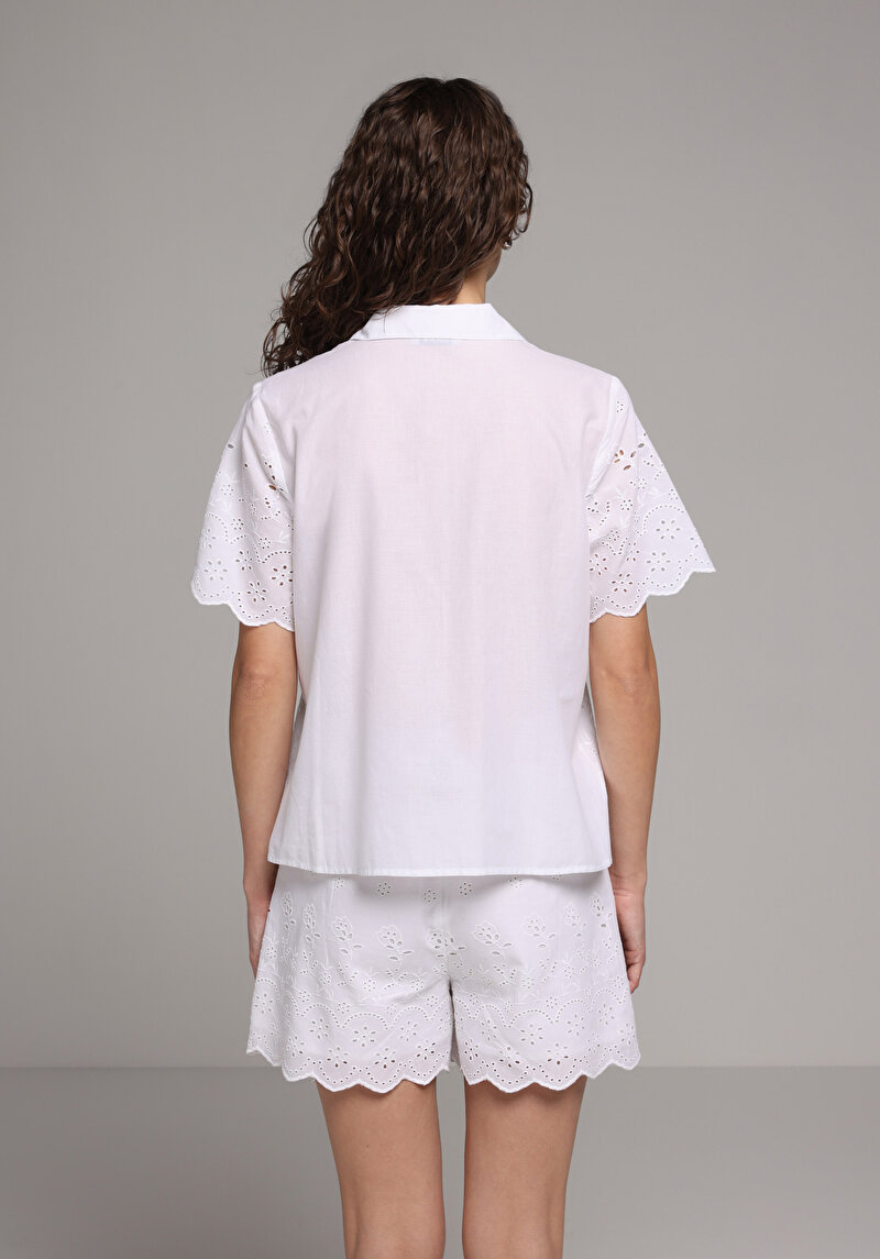 Fashion Fit Shirt Neck Jakarlı Kadın Beyaz Kısa Kol Gömlek