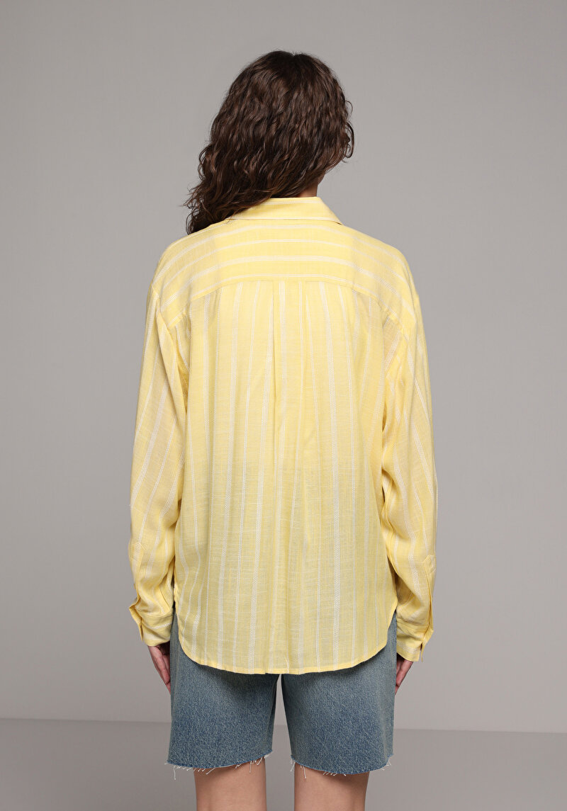 Boyfriend Fit Shirt Neck Çizgili Kadın Sari Uzun Kol Gömlek