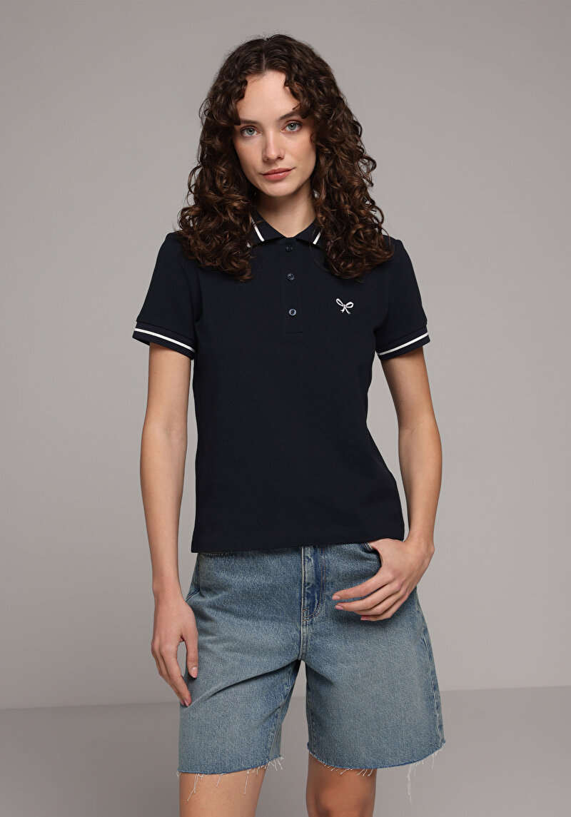 Regular Fit Polo Yaka Nakışlı Kadın Lacivert Kısa Kol Tişört