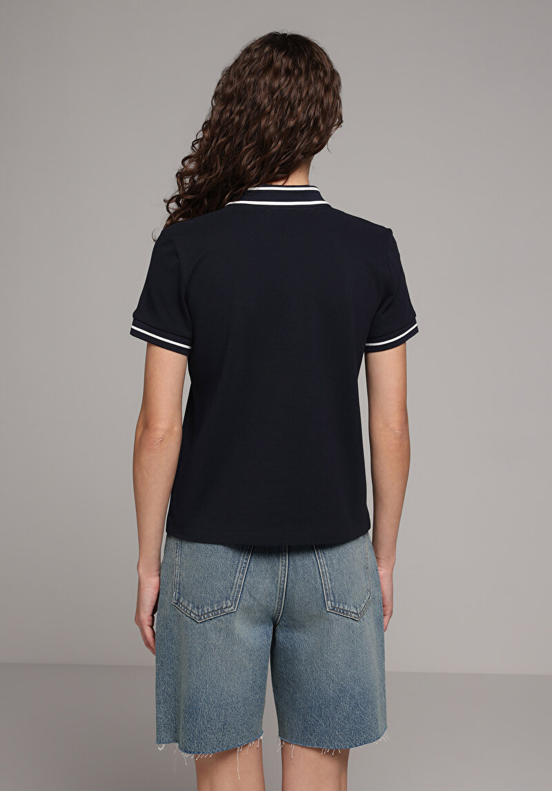 Regular Fit Polo Yaka Nakışlı Kadın Lacivert Kısa Kol Tişört