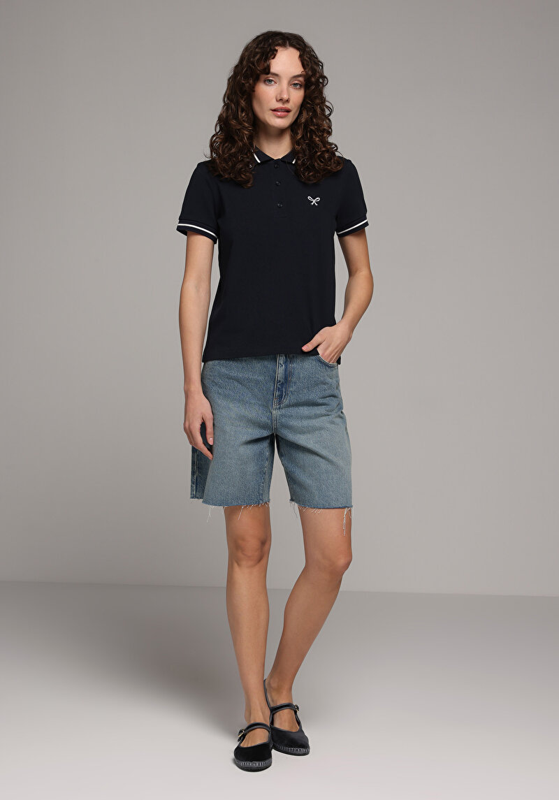 Regular Fit Polo Yaka Nakışlı Kadın Lacivert Kısa Kol Tişört