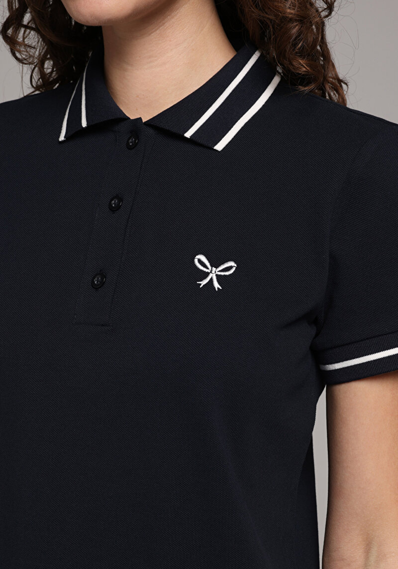 Regular Fit Polo Yaka Nakışlı Kadın Lacivert Kısa Kol Tişört