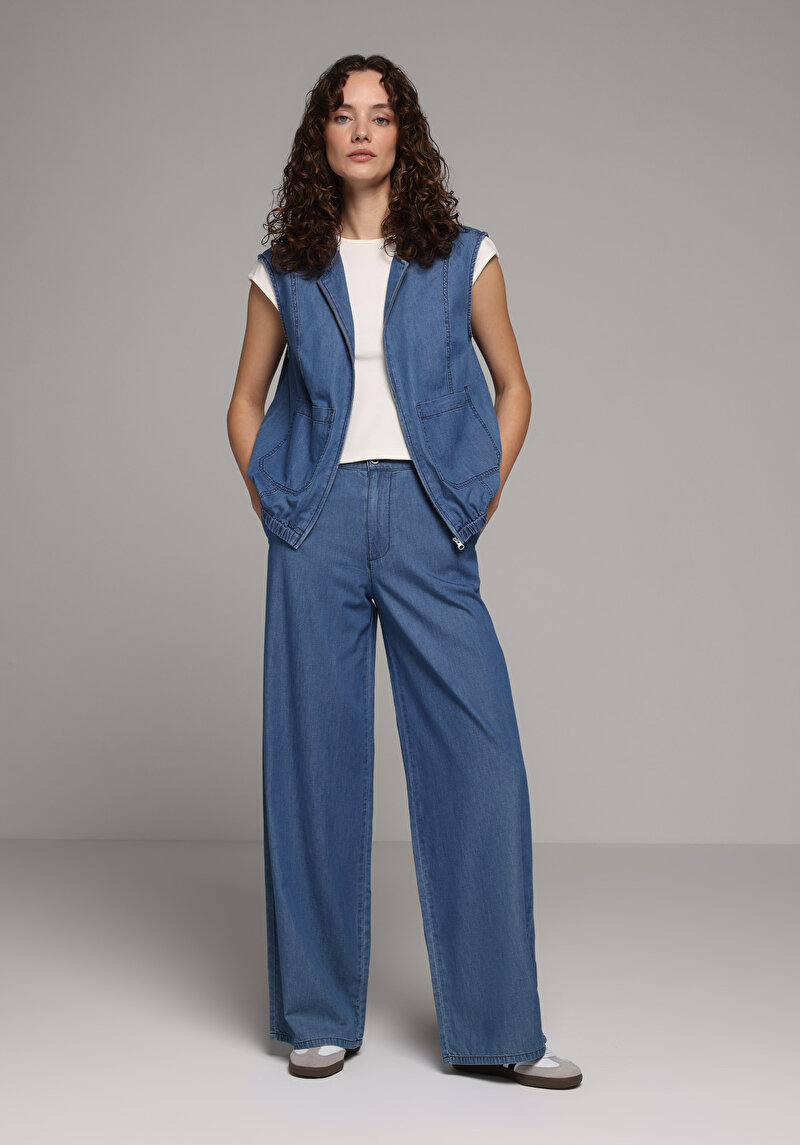 Loose Fit   Kadın Mid İndigo Denim Jean Pantolon
