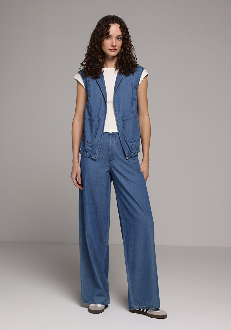 Loose Fit   Kadın Mid İndigo Denim Jean Pantolon