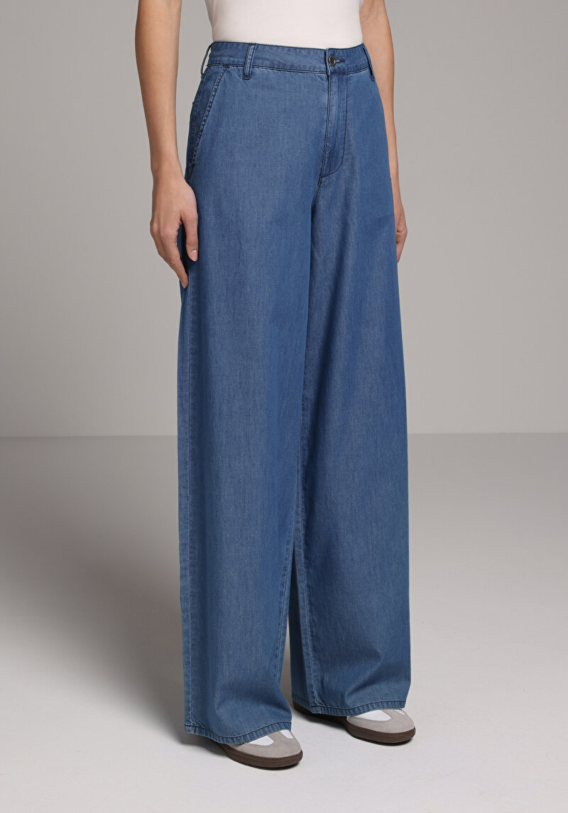 Loose Fit   Kadın Mid İndigo Denim Jean Pantolon