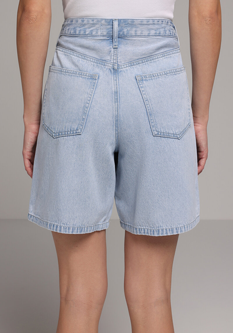 Loose Fit Yüksel Bel Düz Kadın Bleach İndigo Denim Jean Şort
