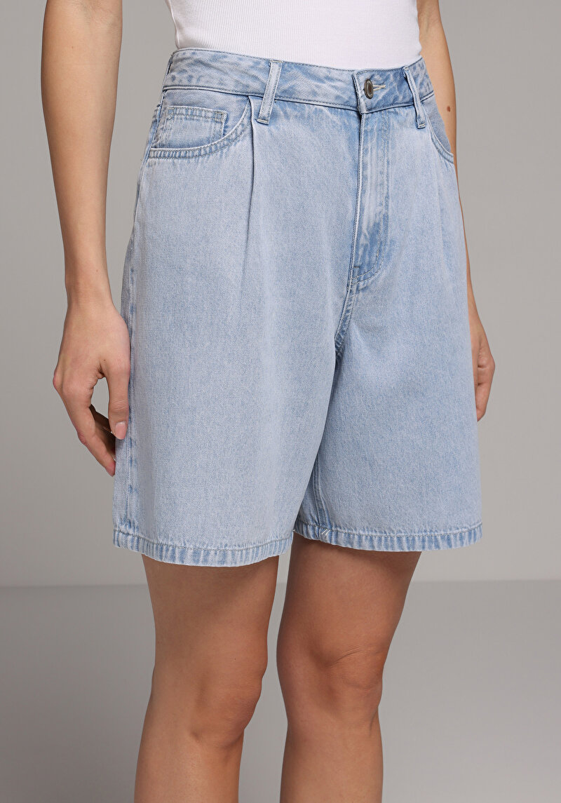 Loose Fit Yüksel Bel Düz Kadın Bleach İndigo Denim Jean Şort