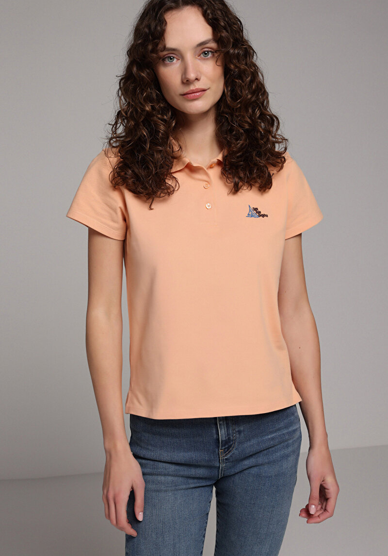 Regular Fit Polo Yaka Nakışlı Kadın Turuncu Kısa Kol Tişört