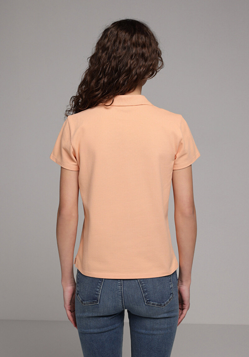 Regular Fit Polo Yaka Nakışlı Kadın Turuncu Kısa Kol Tişört