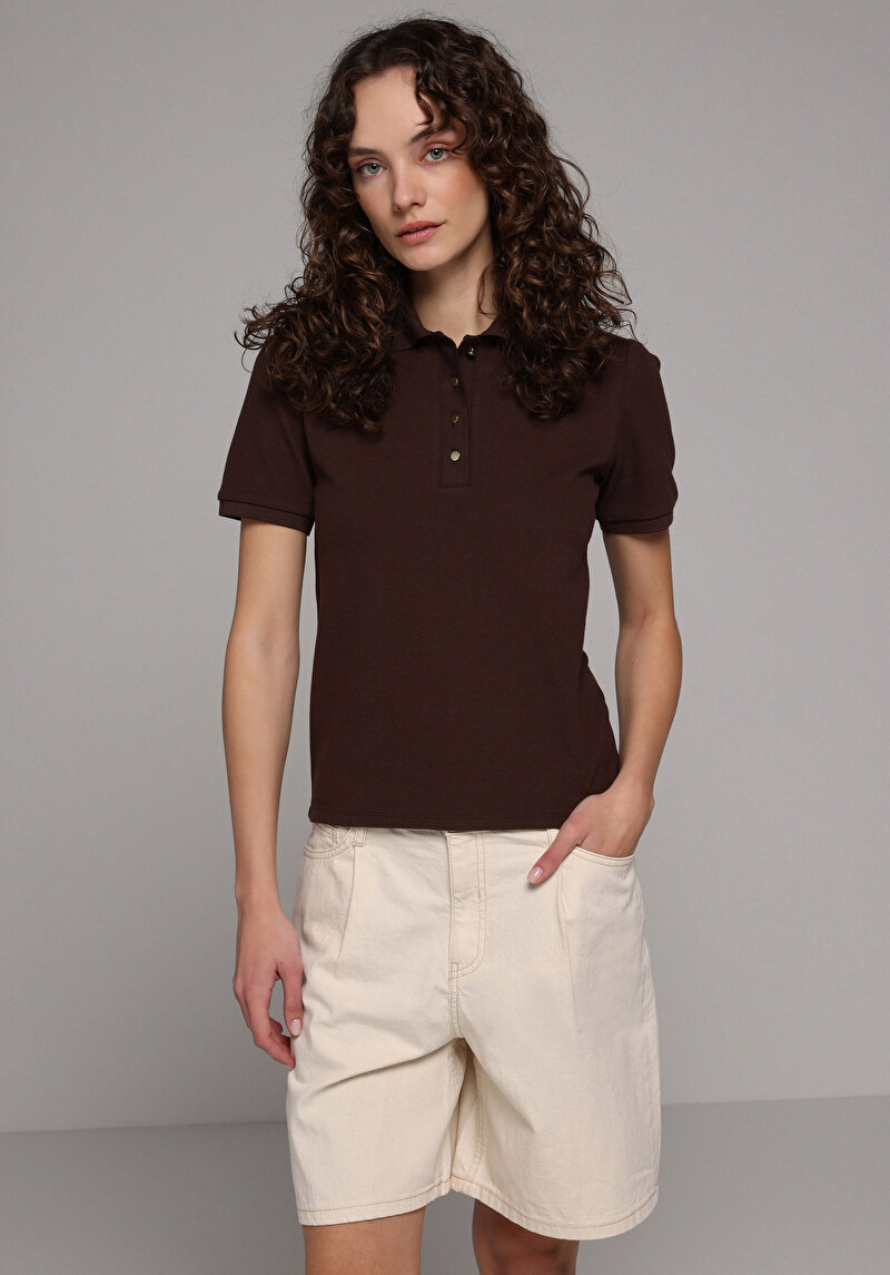 Slim Fit Polo Yaka Düz Kadın Kahverengi Kısa Kol Tişört