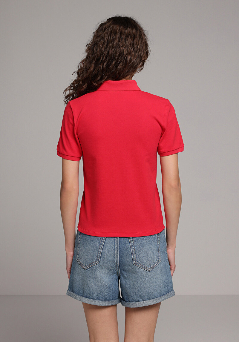 Slim Fit Polo Yaka Düz Kadın Kirmizi Kısa Kol Tişört