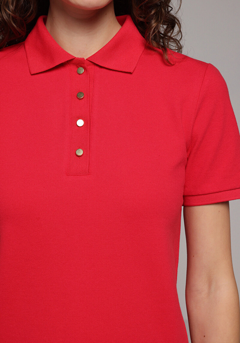 Slim Fit Polo Yaka Düz Kadın Kirmizi Kısa Kol Tişört