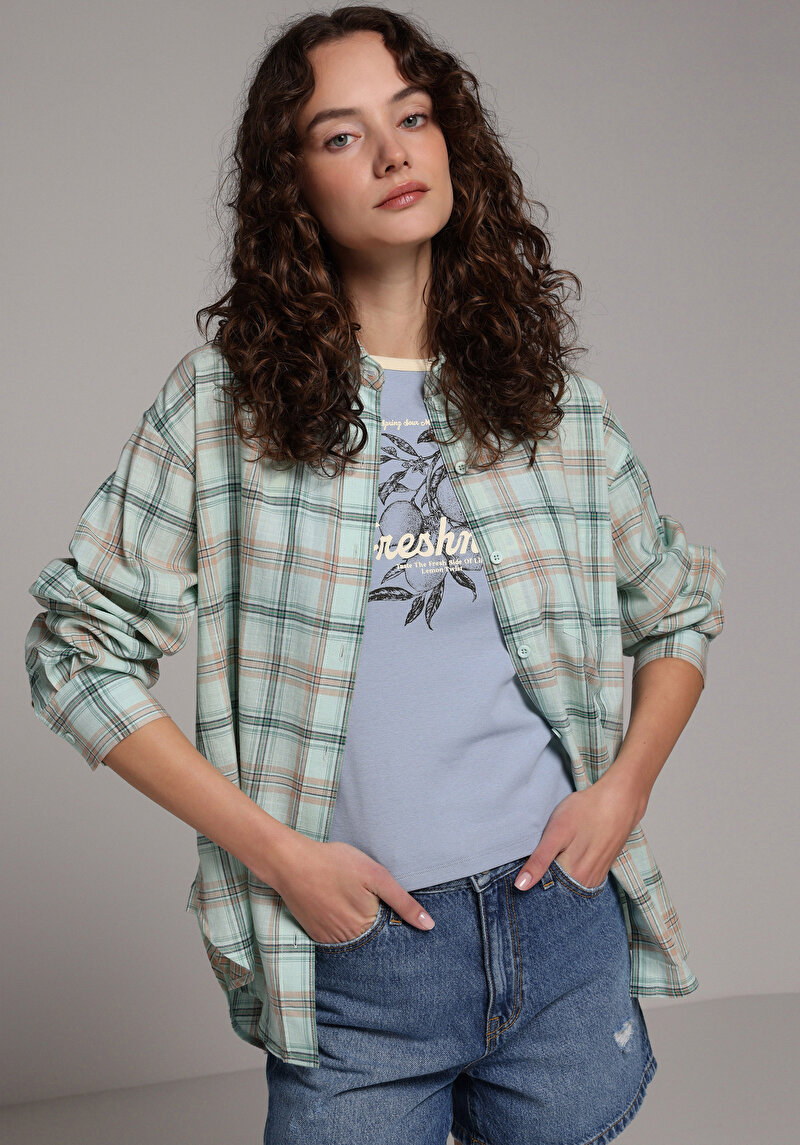 Boyfriend Fit Shirt Neck Ekoseli Kadın Yeşil Uzun Kol Gömlek
