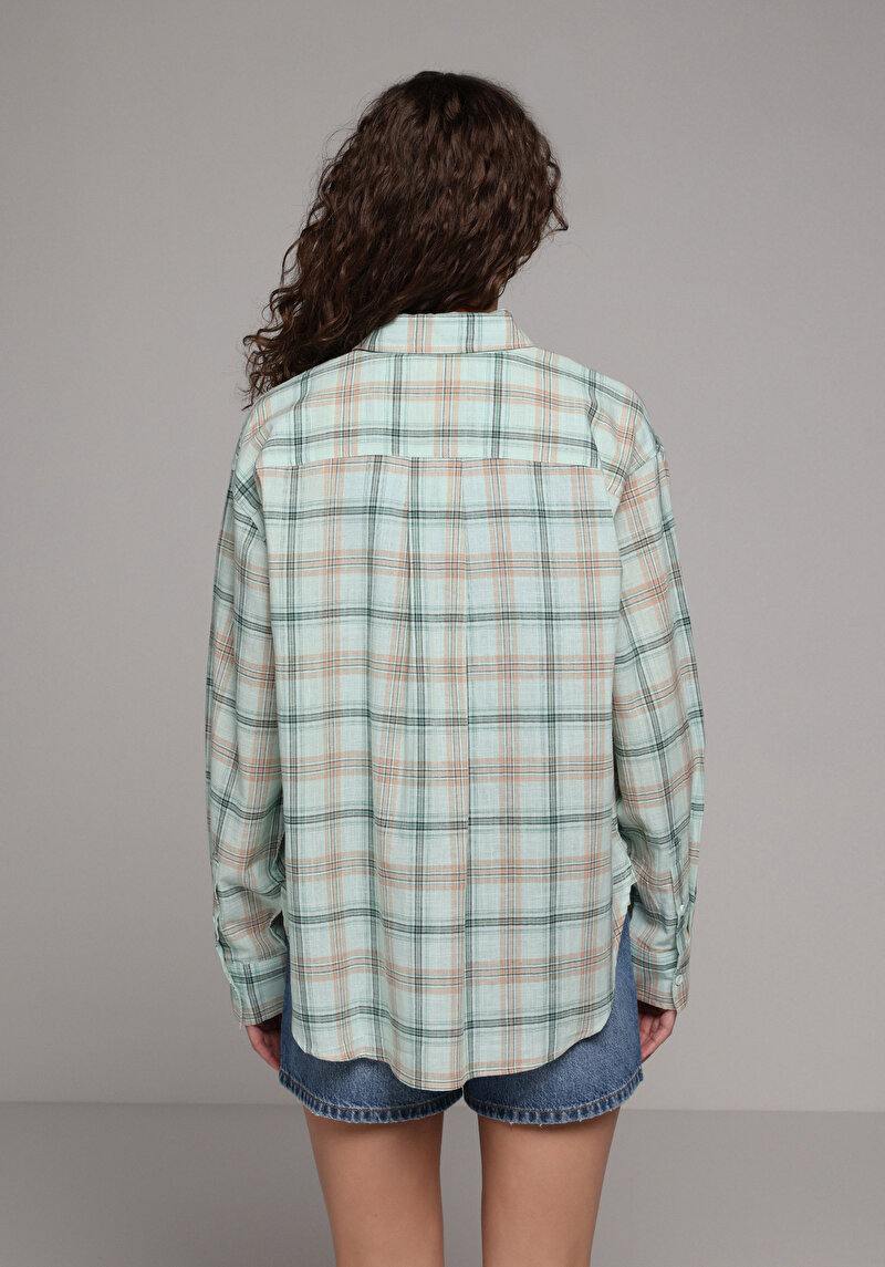 Boyfriend Fit Shirt Neck Ekoseli Kadın Yeşil Uzun Kol Gömlek