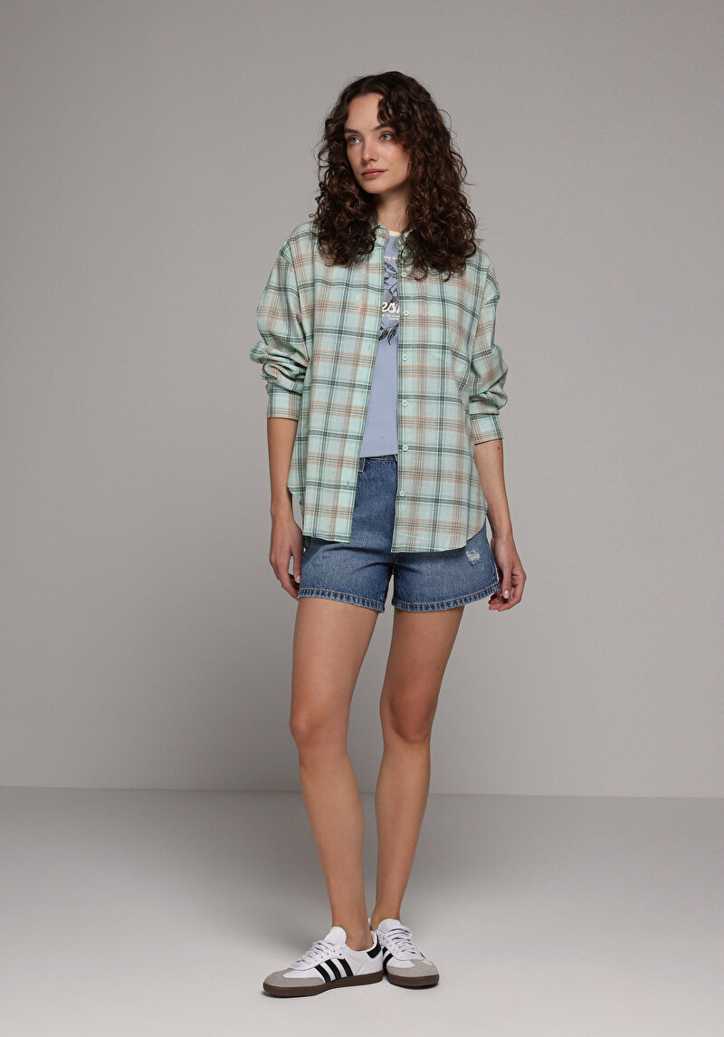 Boyfriend Fit Shirt Neck Ekoseli Kadın Yeşil Uzun Kol Gömlek