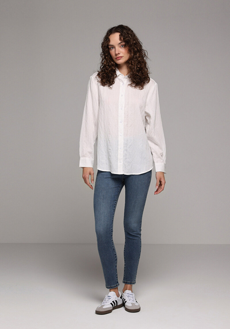 Boyfriend Fit Shirt Neck Jakarlı Kadın Beyaz Uzun Kol Gömlek