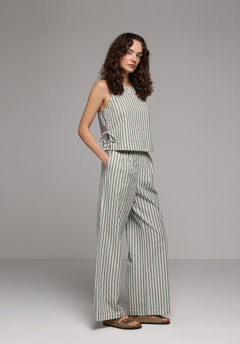 Regular Fit Yüksel Bel Geniş Paça Kadın Yeşil  Pantolon