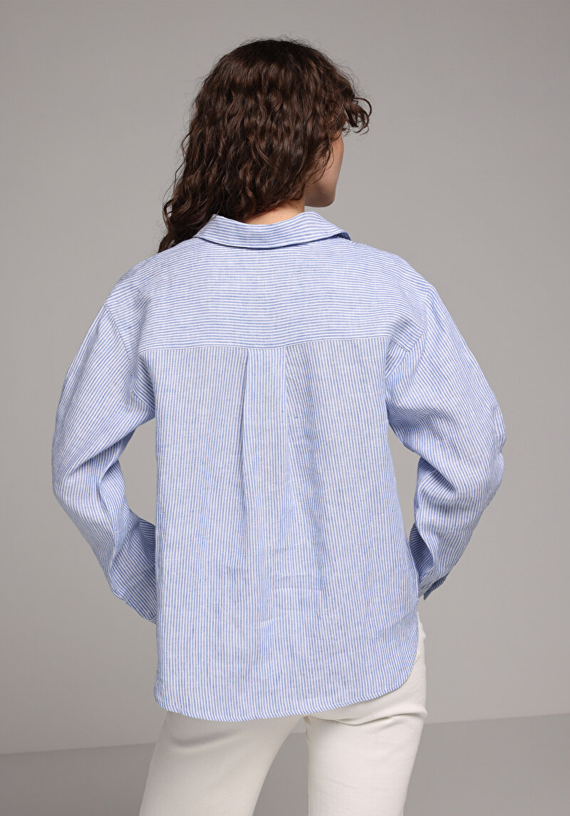 Fashion Fit Shirt Neck Çizgili Kadın Mavi Uzun Kol Gömlek