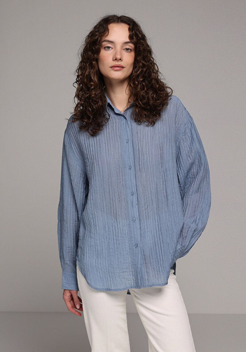 Oversize Fit Shirt Neck Düz Kadın Mavi Uzun Kol Gömlek