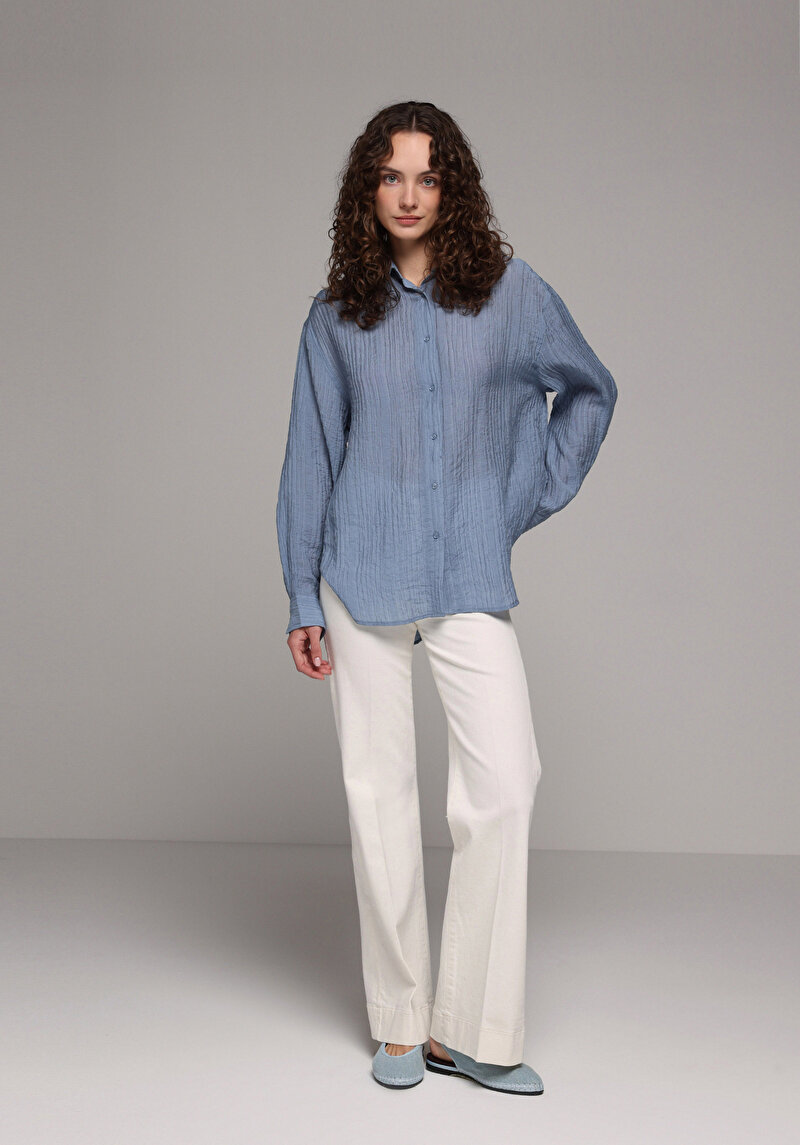 Oversize Fit Shirt Neck Düz Kadın Mavi Uzun Kol Gömlek