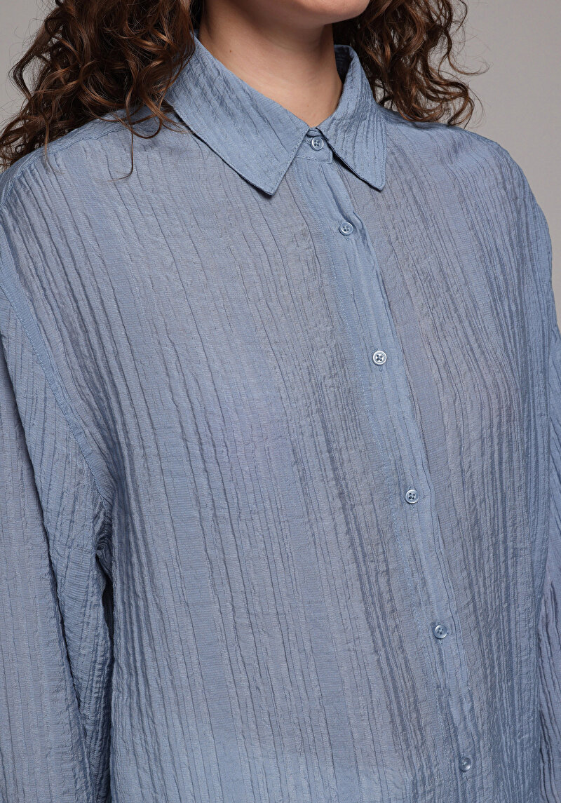Oversize Fit Shirt Neck Düz Kadın Mavi Uzun Kol Gömlek