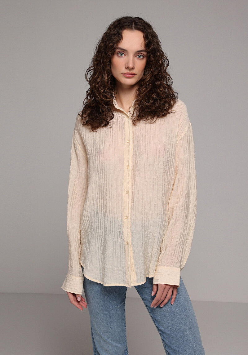 Oversize Fit Shirt Neck Düz Kadın Bej Uzun Kol Gömlek