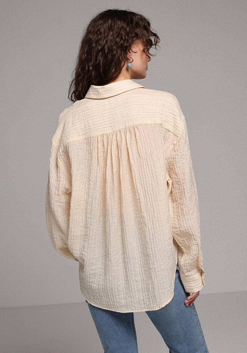 Oversize Fit Shirt Neck Düz Kadın Bej Uzun Kol Gömlek
