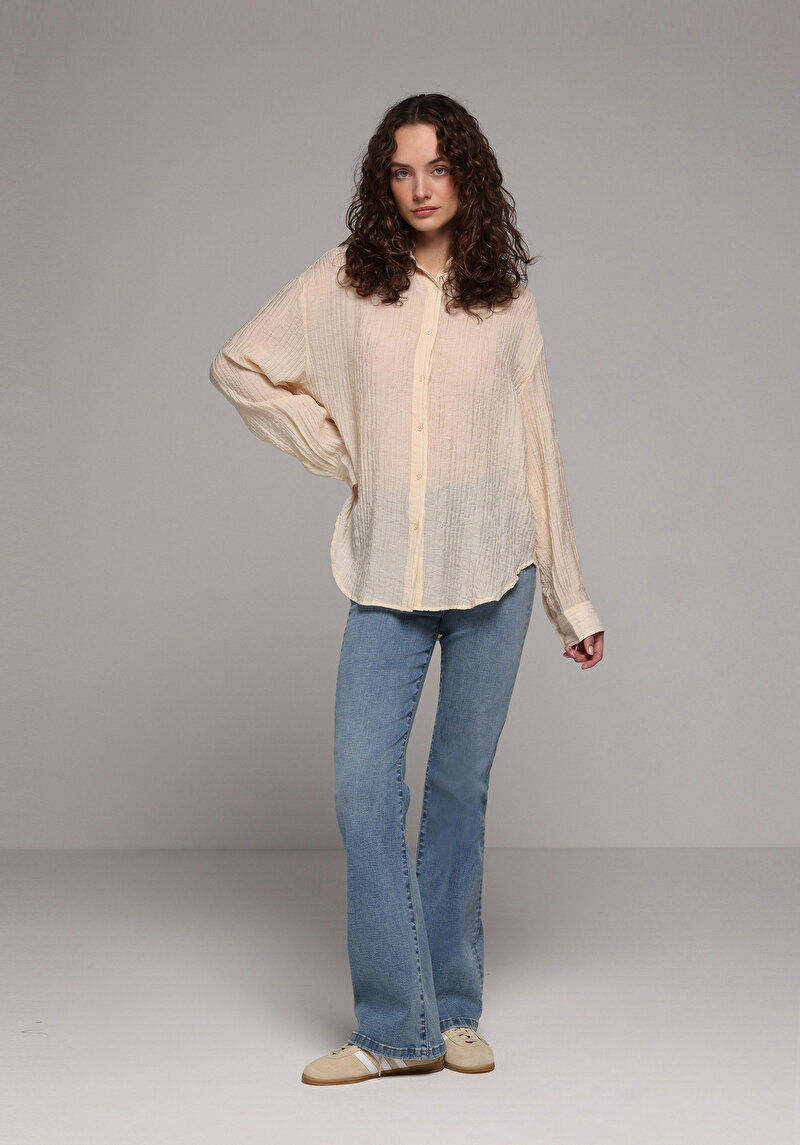 Oversize Fit Shirt Neck Düz Kadın Bej Uzun Kol Gömlek