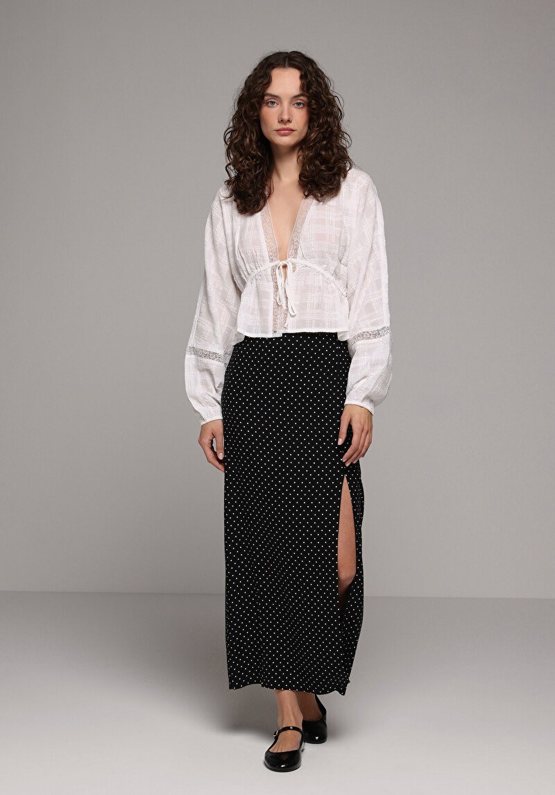 Maxi Length Puantiyeli Fermuarlı Kadın Siyah Etek
