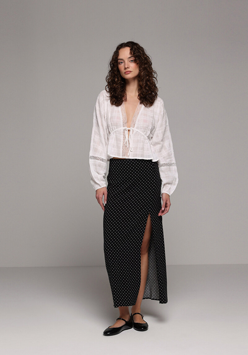Maxi Length Puantiyeli Fermuarlı Kadın Siyah Etek