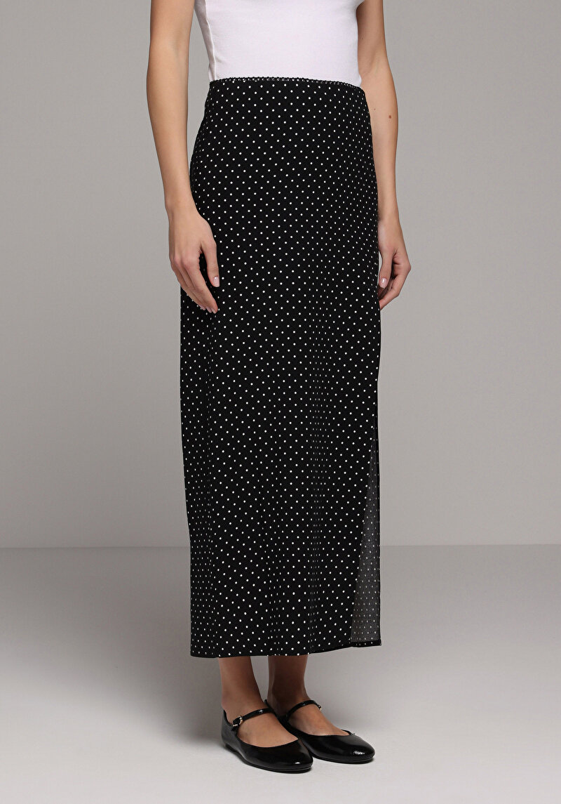 Maxi Length Puantiyeli Fermuarlı Kadın Siyah Etek