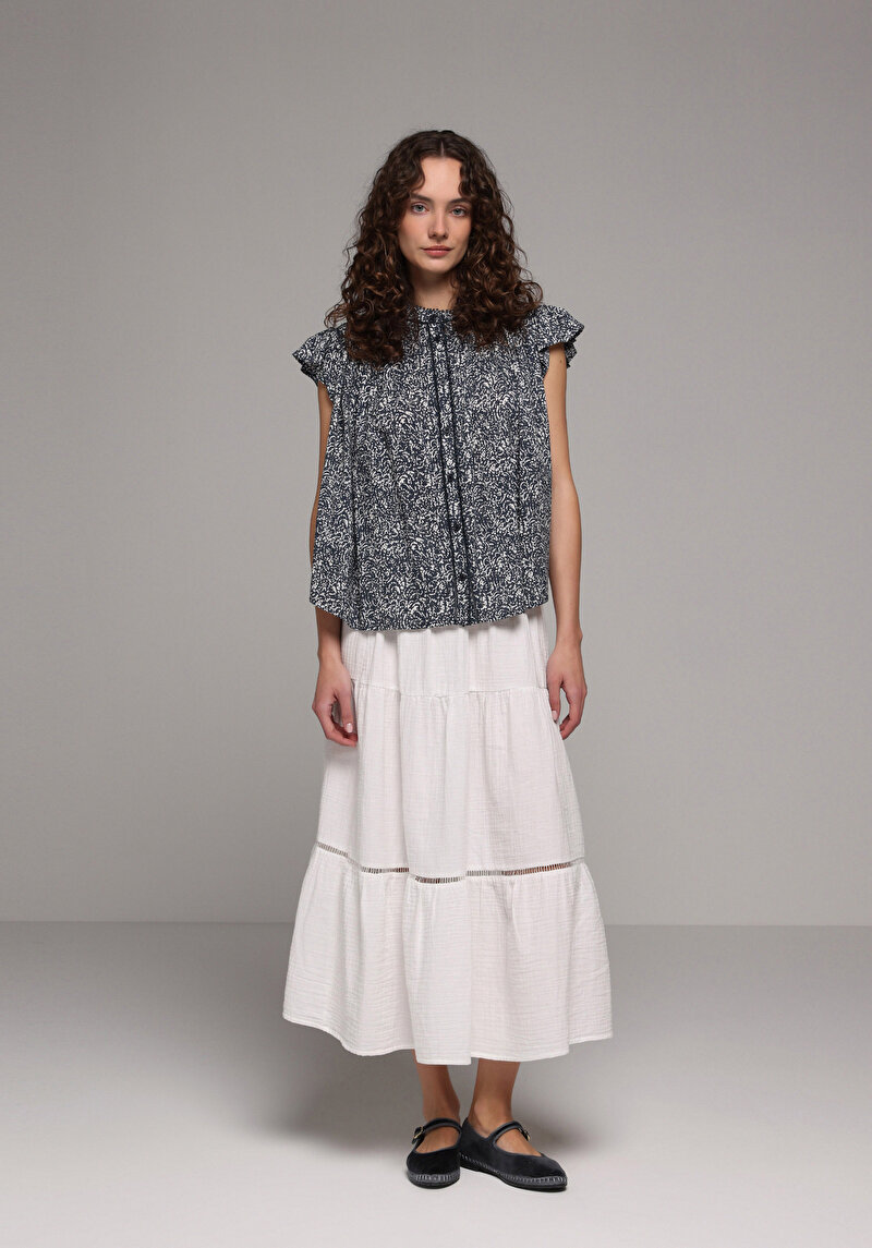 Fashion Fit Yuvarlak Yaka Metraj Baskılı Kadın Lacivert Kısa Kol Gömlek