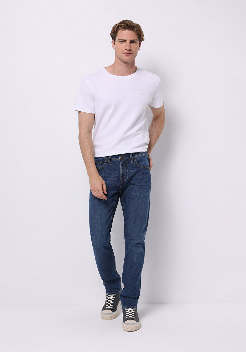 Straight Fit Düşük Bel Düz Paça Erkek Mid İndigo Denim Jean Pantolon
