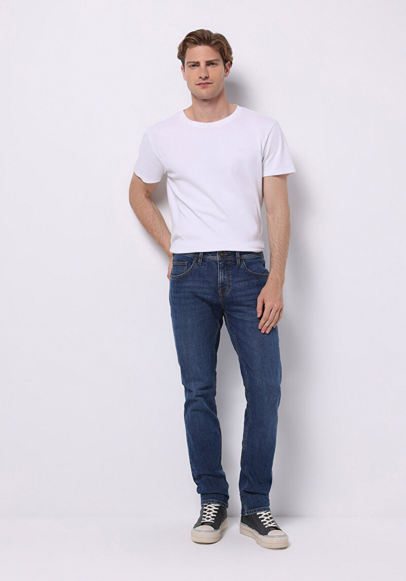 Straight Fit Düşük Bel Düz Paça Erkek Mid İndigo Denim Jean Pantolon