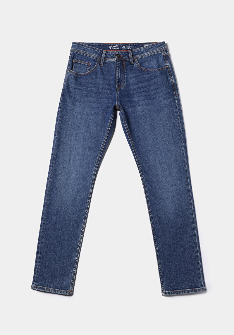 Straight Fit Düşük Bel Düz Paça Erkek Mid İndigo Denim Jean Pantolon