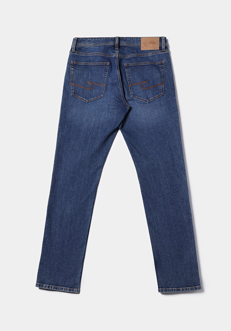 Straight Fit Düşük Bel Düz Paça Erkek Mid İndigo Denim Jean Pantolon