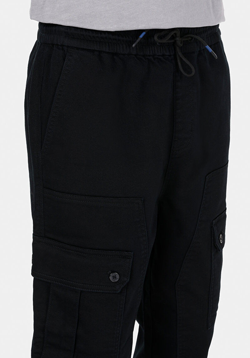 Slim Fit Orta Bel Lastikli Paça Erkek Siyah  Pantolon