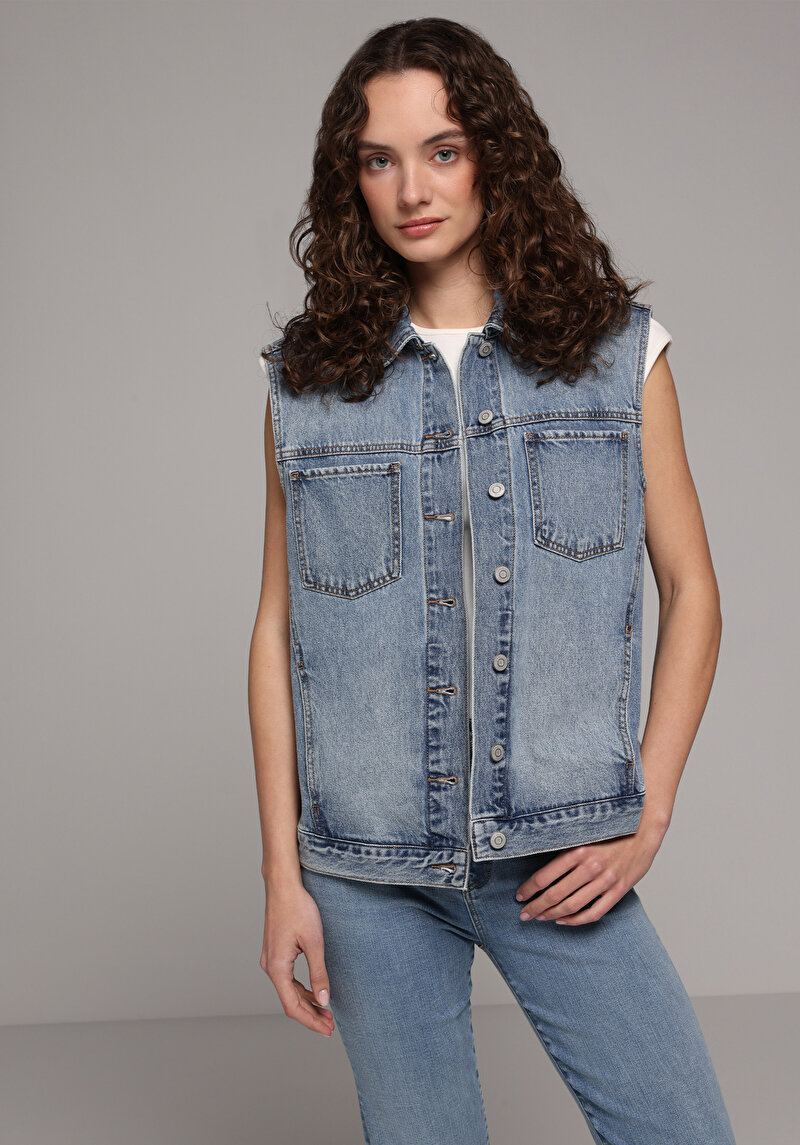 Oversize Fit     Kadın Light İndigo Denim Yelek